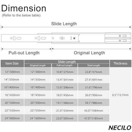 NECILO 22 Inch Stainless Steel Soft Close Drawer Slides, 100lb - size: 22 Inch