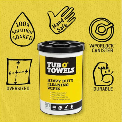 Tub O' Towels Heavy-Duty Multi-Surface Cleaning Wipes – Extra-Large 10" x 12", 90-Count Canister – Removes Grease, Tar, Ink & Tough Stains – Safe for Home, Auto, Garage & More