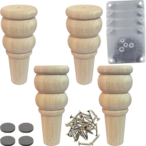 Unfinished Wood Furniture Legs, 6 Inch Decorative Sofa Cabinet Legs with Mounting Plates, Natural Wooden Replacement Feet, Set of 4 (6 Inch)