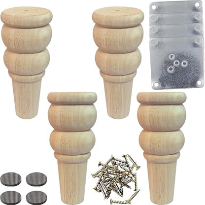 Unfinished Wood Furniture Legs, 6 Inch Decorative Sofa Cabinet Legs with Mounting Plates, Natural Wooden Replacement Feet, Set of 4 (6 Inch)