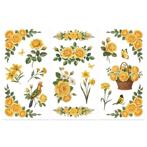 Peacoblue Yellow Vintage Flower Rub On Transfers for Furniture Craft 6"x12" - style: Yellow Vintage Flower