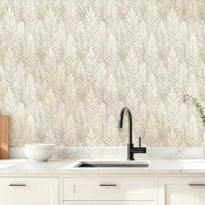 17.32" X 195.85"Beige Peel and Stick Wallpaper Modern Boho Leaf Wall paper - size: 17.3" x 196.9"