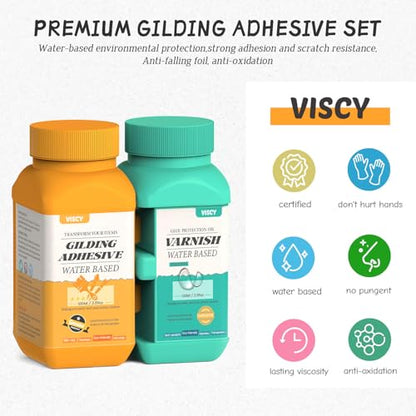 Gold Leaf Adhesive, Gilding Adhesive Set with 100ml Water Based Metal Leaf Glue and 100ml Varnish, 100 pcs Foil, 2 Brushes, Foil Wiping Cotton, for Arts, Crafts and Painting.