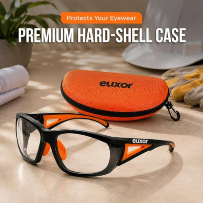 Brand, Safety Glasses Industrial Quality, Orange Frame, Clear High Impact Anti-Fog Anti-Scratch, ANSI Z87 EN 166 Certified UV400 Protective Eyewear, Soft Nose with Sturdy Orange Case (1 Piece)
