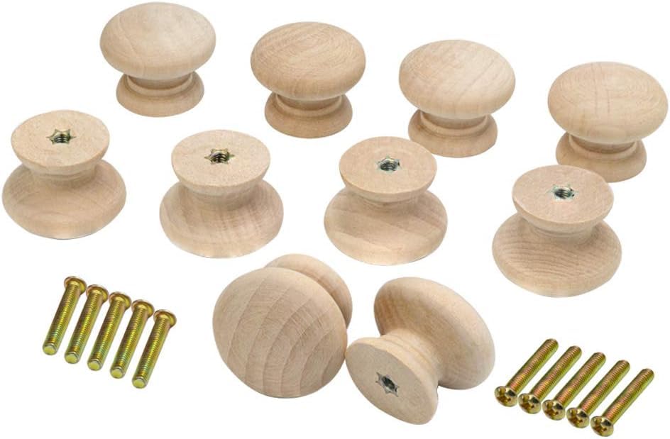 10 Pack Wooden Cabinet Knobs 35mm Wood Knobs Unfinished Round Mushroom Shape Wooden Door Knobs Drawer Knobs Dresser Knobs for Cupboard Wardrobe Furniture