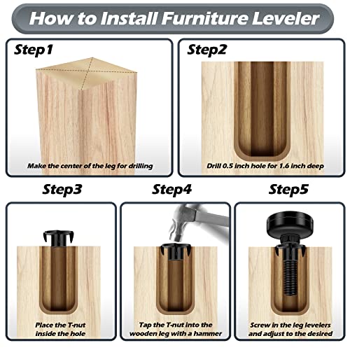 10 Set Adjustable Furniture Leveling Feet, Adjustable Leg Levelers for Cabinets Sofa Tables Chairs, Heavy Duty Height Adjuster Furniture Levelers Foot with T- Nut Kit 3/8"-16 Thread, Black