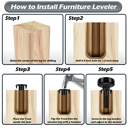 10 Set Adjustable Furniture Leveling Feet, Adjustable Leg Levelers for Cabinets Sofa Tables Chairs, Heavy Duty Height Adjuster Furniture Levelers Foot with T- Nut Kit 3/8"-16 Thread, Black