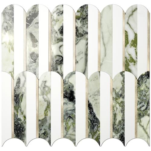 Vamos Tile Peel and Stick Backsplash Seamless Tile,Fish Scale,Glossy,10 pcs - color: Pure White+Ice Green Marble+Light Gold