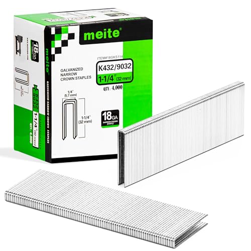 meite 18 Gauge 1/4-Inch Narrow Crown Staples, 1-1/4-Inch Length Heavy Duty Galvanized Upholstery Staples for Electric or Pneumatic Narrow Crown Stapler Guns (8 Boxes) - size: 1-1/4" Length, style: 1 Case (8 Boxes)