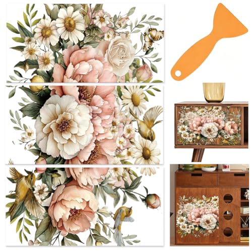 3 Sheets Flower Rub on Transfers for Furniture Craft Decor 6"x12" Floral Bird Furniture Transfers Decals PVC Waterproof Decorative Stickers for Drawer Dresser Glass Wood Plastic Home Decor - color: Floral