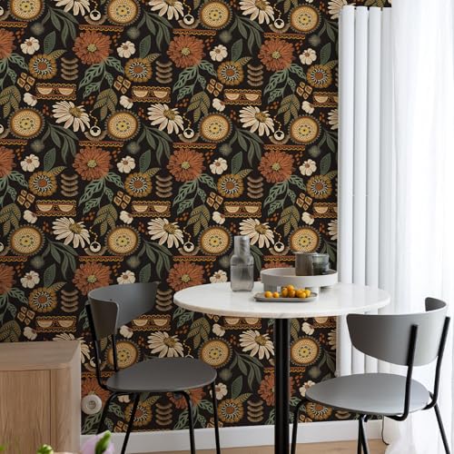 Simon&Siff Boho Floral Peel and Stick Wallpaper 17.3" x 800" - color: Bronze/Green, size: 17.3" x 800"