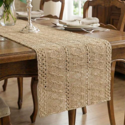 Burlap Boho Table Runner Macrame Brown 60in Farmhouse Woven Runner - color: Brown, size: 12'' x 60''