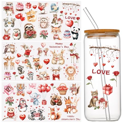WANDIC 3Sheets Rub On Transfers for Crafts, Valentine's Day Cartoon Animals UV DTF Cup Wrap Waterproof Cold Transfers Stickers for Tumblers Mirrors - color: Pink, size: 3 sheets