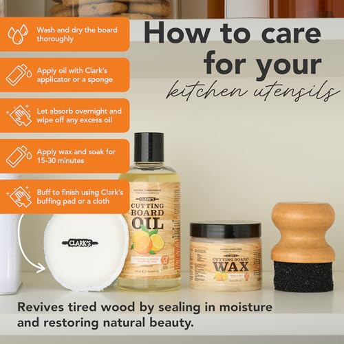 Clark’S Cutting Board Oil and Wax Kit – Includes Food Grade Mineral Oil (12oz), Finishing Wax (6oz), Applicator, & Buffing Pad to Clean and Protect Wood, Enriched with Natural Lemon & Orange Extract - style: Orange & Lemon Extracts