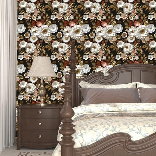 Laatse Dark Gold Floral Wallpaper Peel and Stick 17.5" × 393" - color: White/Gold, size: 17.5" x 393"