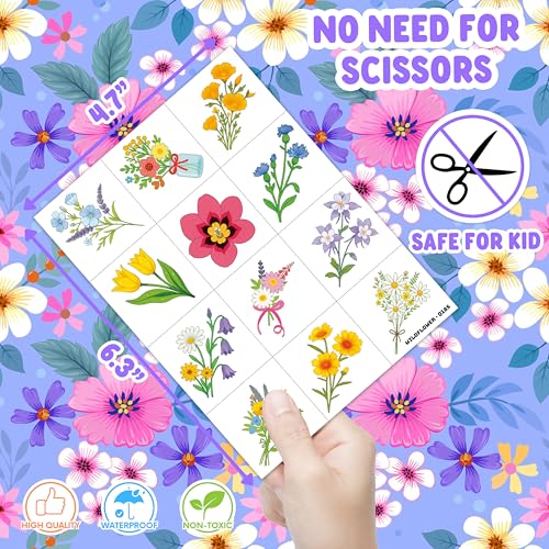 96 PCS Small Wildflower Pre-Cut Temporary Tattoos for Kids