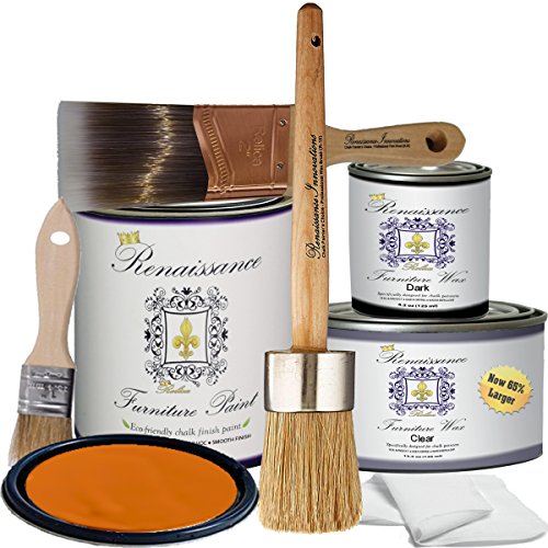 Retique It Furniture and Cabinet Paint, Pumpkin, Deluxe Starter Kit, 6-Piece Set with 32 oz Quart Paint, Clear and Dark Wax, Brush Set - color: 74 Pumpkin