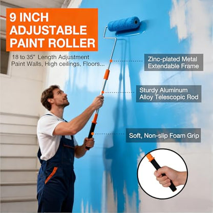 Paint Roller Kit 11 PCS, 9" Extendable Roller Frame (3 ft)