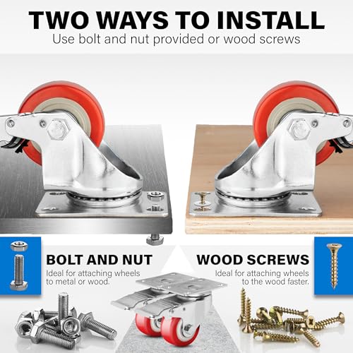 2.5 Inch Caster Wheels Heavy Duty Casters Set of 4, 1500 LBS Load Capacity - color: Red & Silver, size: 2.5 Inch