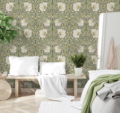 HAOKHOME William Morris Style Wallpaper Sage Green Mural 17.3in x 32.8ft - color: Sage Green/Yellow, size: L: 17.3in x 32.8ft