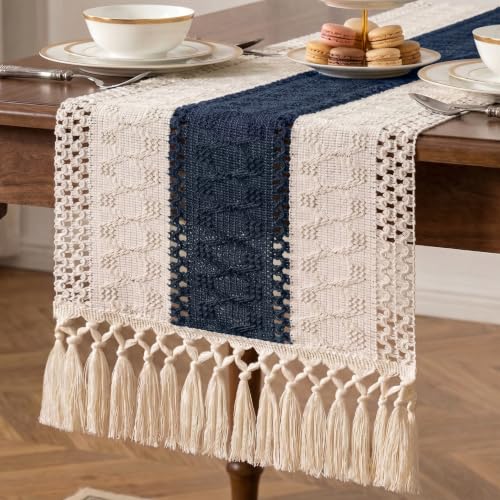 Boho Macrame Table Runner with Tassels 48in Blue Farmhouse Runner - color: White & Blue, size: 12'' x 48''