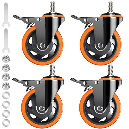 Caster Wheels Heavy Duty 5 Inch Stem Caster 2400Lbs, Threaded Stem Casters 1/2"-13 x 1(Stem Diameter 1/2", Stem Length 1"), Safety Locking Caster Set of 4, Industrial Castor Wheels for Cart,Furniture - size: 5 Inch_1/2"-13x1"