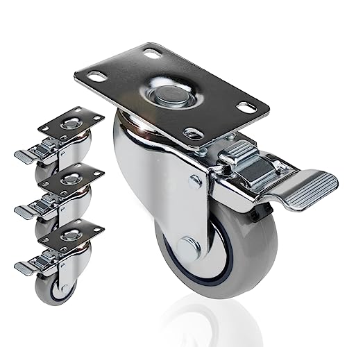POWERTEC 3 Inch Swivel Caster Wheels Set of 4 with Brake & 880 lbs Loads, Heavy Duty Plate Casters, Dual Locking PU Castor Wheels for Furniture, Cart, Dolly and Workbenches (17208V)