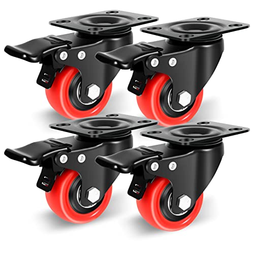 Nefish 2 Inch Casters Set of 4, Heavy Duty Top Plate Caster Wheels with Brake 600 Lbs, Dual Locking Furniture Castors, 360 Degree Swivel Casters, No Noise Polyurethane Wheels for Cabinet, Furniture - size: 2 IN