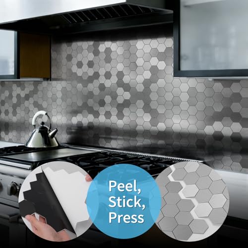 Art3d 10-Pack Metal Peel and Stick Backsplash Tile, Silver Hexagon - color: Silver Hexagon