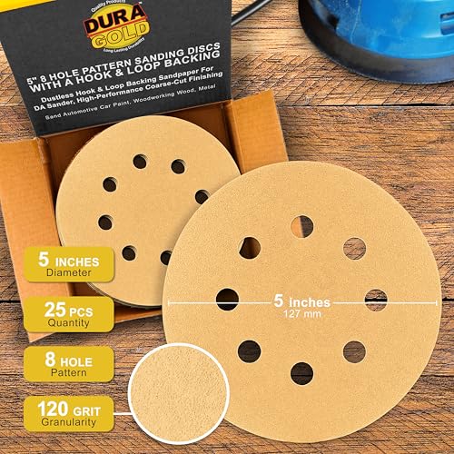 Dura-Gold 5" Gold Sanding Discs, 120 Grit, Box of 50, 8 Hole Pattern, H & L - size: 120-Grit - Gold
