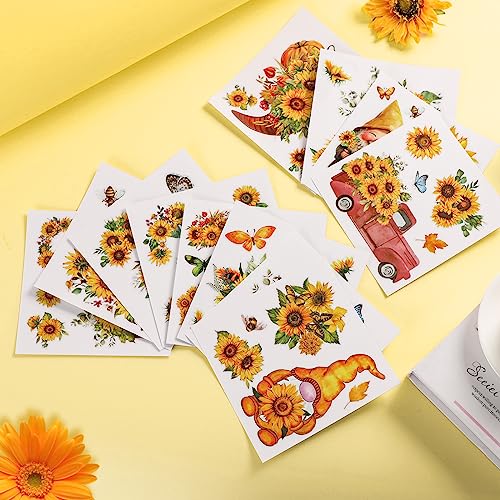 12 Sheets Sunflower Rub on Transfer Flower Decor Transfer Stickers Spring Fall Holiday Rub on Decals for Christmas Wood Furniture and Craft Journal Envelope Scrapbooking, 5.9 x 5.9 Inch - style: Sunflower