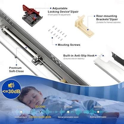 Knobonly 1 Pair 18" Soft Close Undermount Drawer Slides, Full Extension Bottom Mount Cabinet Drawers Slide Out, Zinc Plated with Screws & Brackets, 85lb Load for Kitchen Bathroom - size: 18 Inch, style: Soft Close - 1 Pair