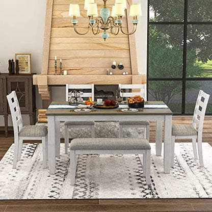 Dining Table Set with 4 Chairs and Bench, 6-Piece, Brown/Whitewash - color: Brown+whitewash