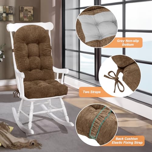 Rocking Chair Cushion - Chenille Fabric, High-Density Sponge, Durable Comfort Non-Slip Bottom Tufted Seat Pads with Ties, Chenille︱Brown, 44x19x4 inch - color: Brown
