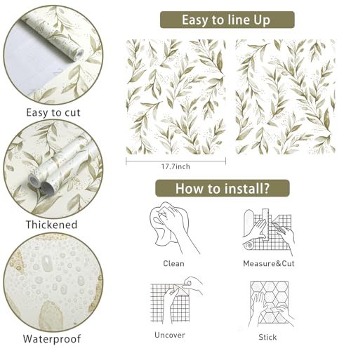 Livebor Peel and Stick Wallpaper Olive Leaf Contact Paper 17.7inch x 118.1inch Floral Leaf Wallpape Peel and Stick Self Adhesive Removable Contact Paper for Bathroom Cabnits Modern Decorative Vinyl - size: 17.7" x 118.1"