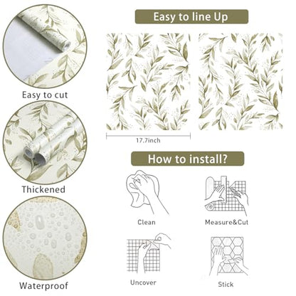 Livebor Peel and Stick Wallpaper Olive Leaf Contact Paper 17.7inch x 118.1inch Floral Leaf Wallpape Peel and Stick Self Adhesive Removable Contact Paper for Bathroom Cabnits Modern Decorative Vinyl - size: 17.7" x 118.1"