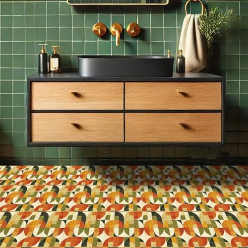 HOMETITUTE Green Retro Geometric Peel Stick Vinyl Floor Tile 12x12 Inch - style: Retro Abstract Geometric