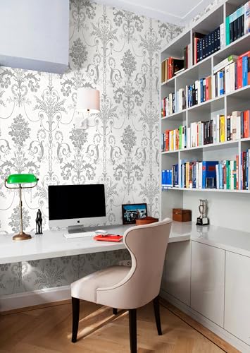 Silver Gray Removable Wallpaper Damascus Floral Peel and Stick Wallpaper - color: Silver/Gray, size: 17.3" x 197"