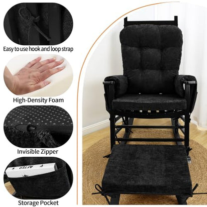 5 PCS Glider Rocker Replacement Cushions with Storage Side Pocket, Luxuriy Chenille Fabric Foam & Microfiber Filling, Thickened & Supportive Rocking Chair Cushion Set, Black - color: Black