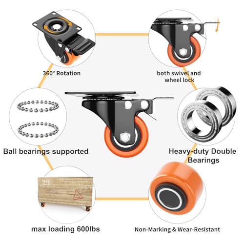 2 Inch Caster Wheels, Casters Set of 4 Heavy Duty with Brake - color: Orange, size: 2 Inch
