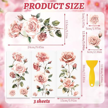 Flowers Rub On Transfers for Furniture and Crafts, 3pcs Pink Rose Flowers Transfers Stickers Waterproof Decals for Bookcase Wardrobe DIY Home Door - color: Pink Roses