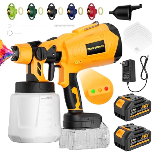 Paint Sprayer, 650W High Power Cordless Paint Gun with 2x5200mAh Battery, 5 Nozzles, 3 Spray Modes, Easy to Clean & Use, Paint Sprayers for House Painting, Furniture, Fence, Wall, Cabinet & DIY