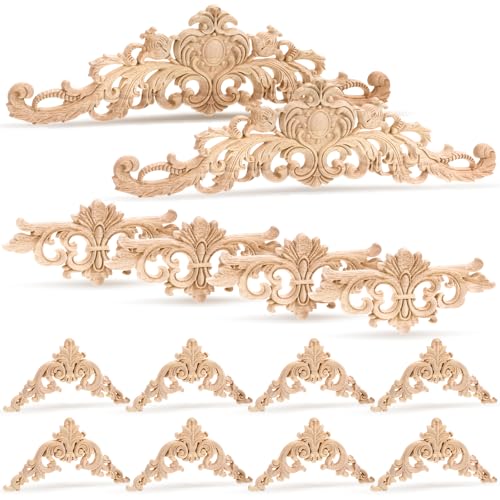 JJUNW 14Pcs Wood Appliques and Onlays, Carved Unpainted DIY Decorative Wooden Applique Trim for Bed, Door, Cabinet, Dresser, Wardrobe, Furniture Decoration, 3 Sizes