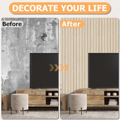 Arthome Peel and Stick Slat Wall Panels 15.7 "x400,Self-Adhesive PVC Wood Grain Wallpaper Panel,3D Thick Faux Soundproof Backsplash Accent Wall Tile for Walls & Furniture (Beige- Coverage 43.6 Sq.ft) - color: Beige, size: 15.7" x 400"