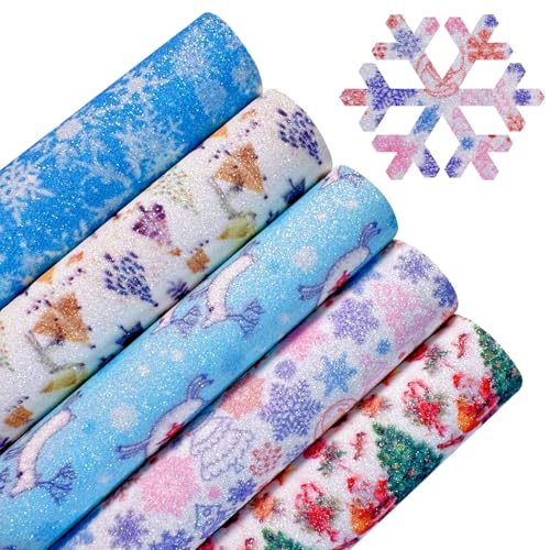 Christmas Snowflake Printed Faux Leather Sheets 8 x 12 Inch, Shiny Fine Glitter Fabric for Bows, Crafts, Earrings (Christmas B) - color: Christmas B