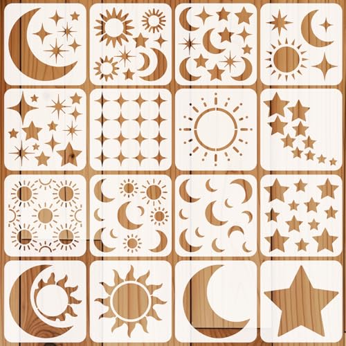 16Pcs Star Moon Stencil for Painting Reusable PET Painting Stencils Set Sun Drawing Templates for Wood Furniture Canvas Paper Fabric - color: Star Sun and Moon