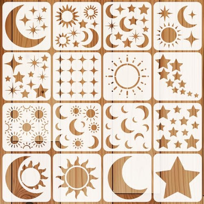 16Pcs Star Moon Stencil for Painting Reusable PET Painting Stencils Set Sun Drawing Templates for Wood Furniture Canvas Paper Fabric - color: Star Sun and Moon