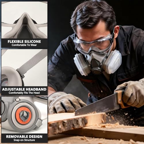 Reusable Respirator Gas Mask with Goggles, Adjustable Strap for Painting