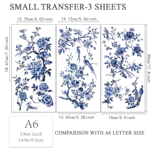 OLYCRAFT 3pcs/Set Blue Flower Rub on Transfers for Furniture and Crafts 15x30cm Blue Bird Decor Transfer Stickers Blue Landscape Rub on Decals for Wood Furniture Scrapbooking Home Decorations