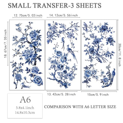 OLYCRAFT 3pcs/Set Blue Flower Rub on Transfers for Furniture and Crafts 15x30cm Blue Bird Decor Transfer Stickers Blue Landscape Rub on Decals for Wood Furniture Scrapbooking Home Decorations
